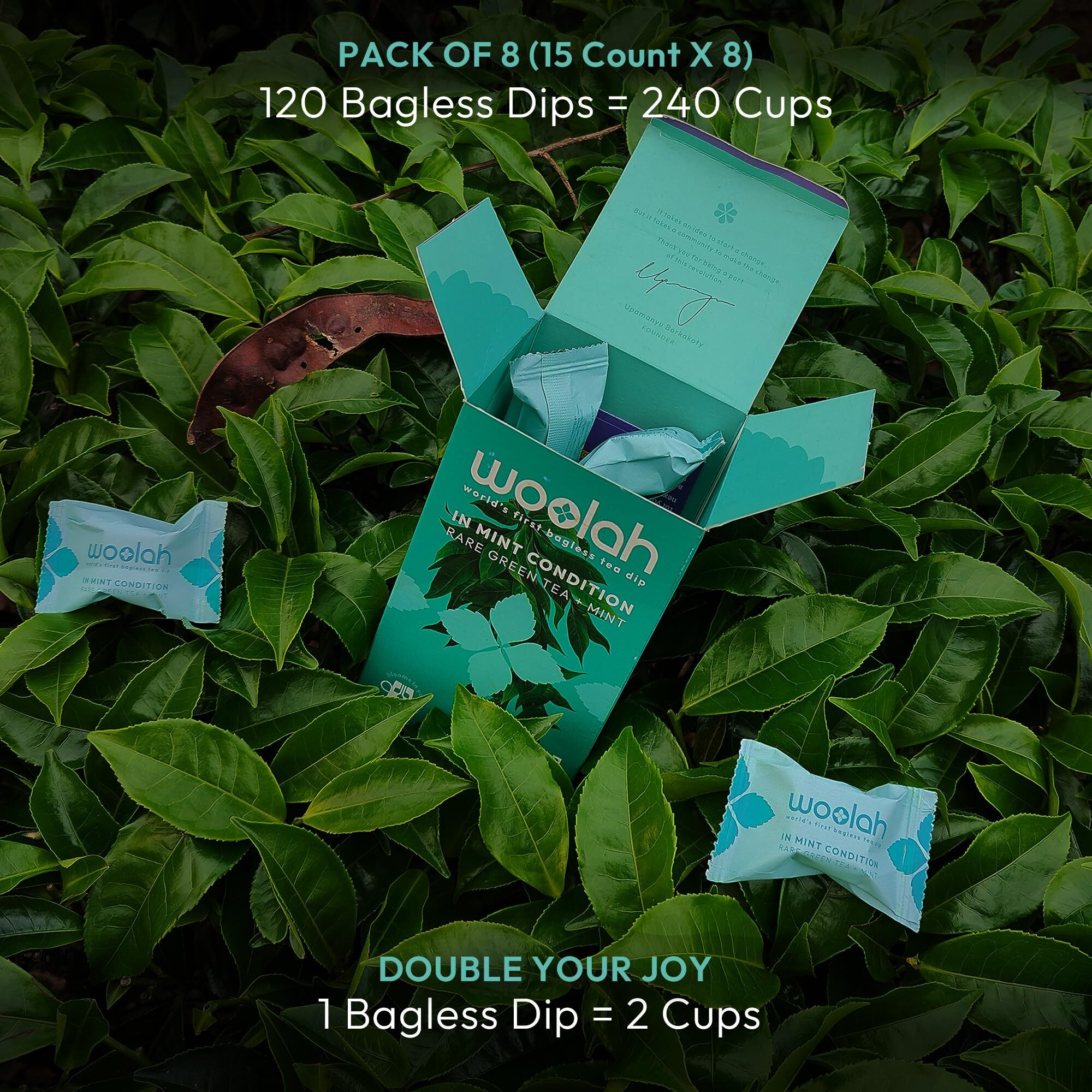 Woolah Rare Assam Green Tea With Mint Tea - Worlds 1St Bagless Whole Leaf Organic Tea Dips|120 Pcs (240 Cups)|Single Origin Tea|Naturally Anti-Oxidant|Relieves Stress|Plastic-Free|650 Gm