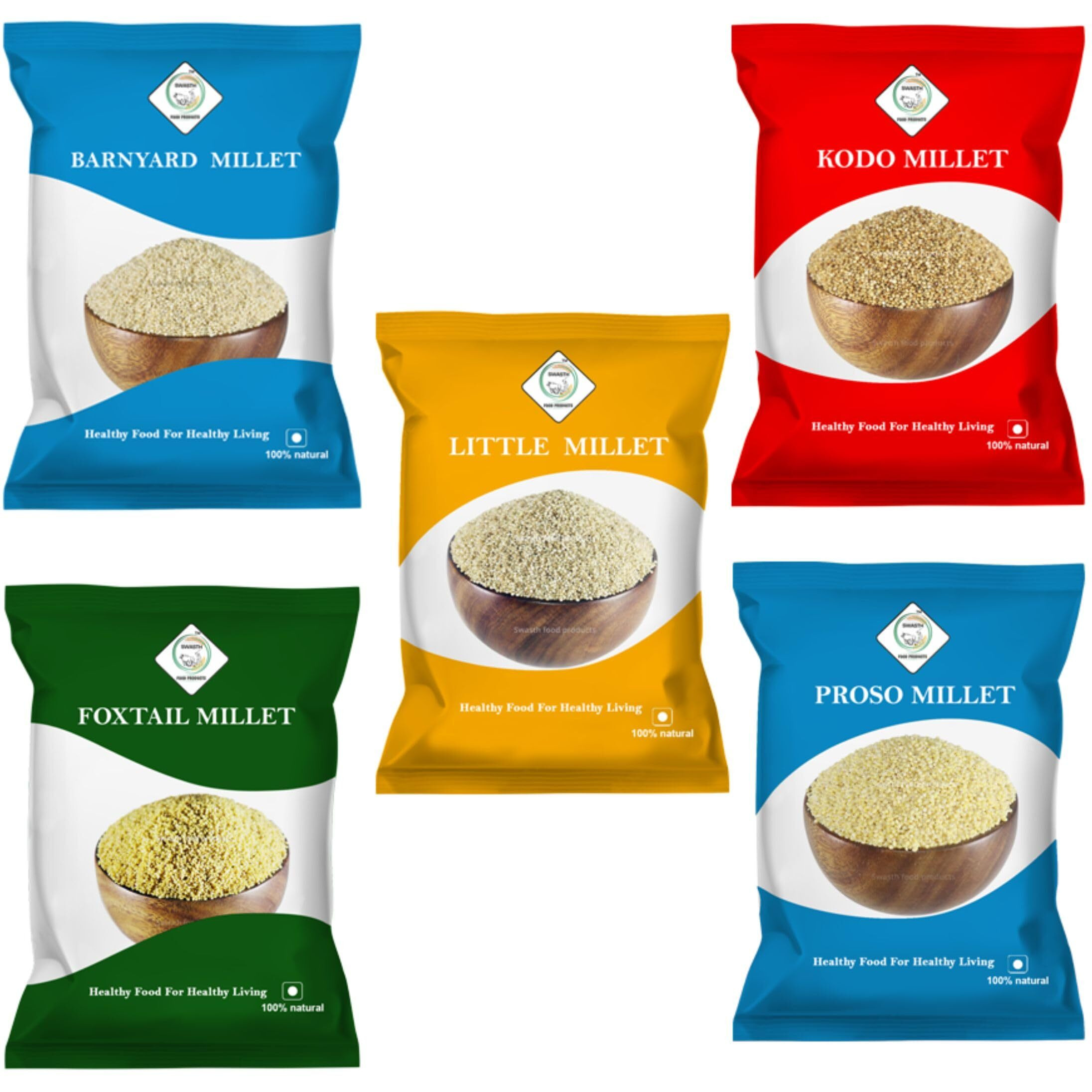 Swasth Millets 5Kg Combo Pack of 5 | Natural Grains | Unpolished Millets | Siridhanya | Little 1kg, Kodo 1kg, Foxtail 1kg, Proso 1kg, Barnyard millet1kg | Low Glycemic Index | High Protein & More Fibre than Rice|Glutenfree
