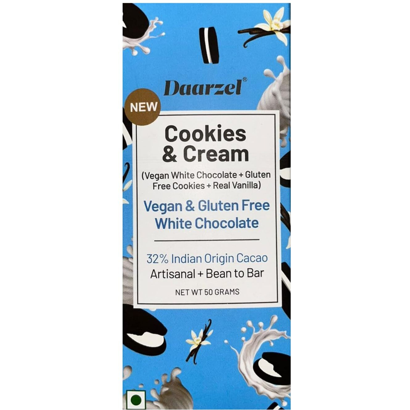Daarzel Indian Origin Cookies & Cream Vegan White Chocolate Bar with Real Vanilla Extract, Gluten-Free Cookies, 32% Indian Origin Cacao, Artisanal + Bean to Bar Craftsmanship, 50g