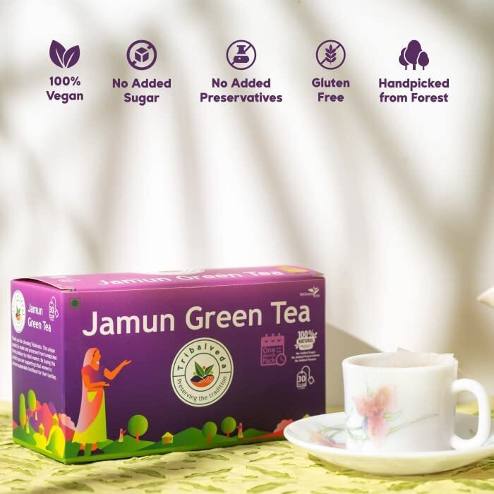 Tribalveda Herbal Tea Jamun Tea - Pack of 2, Jamun Tea, Diabetic Friendly Tea, 100% Natural Jamun Tea Combo Pack of 2 - (30 Bags in each pack)