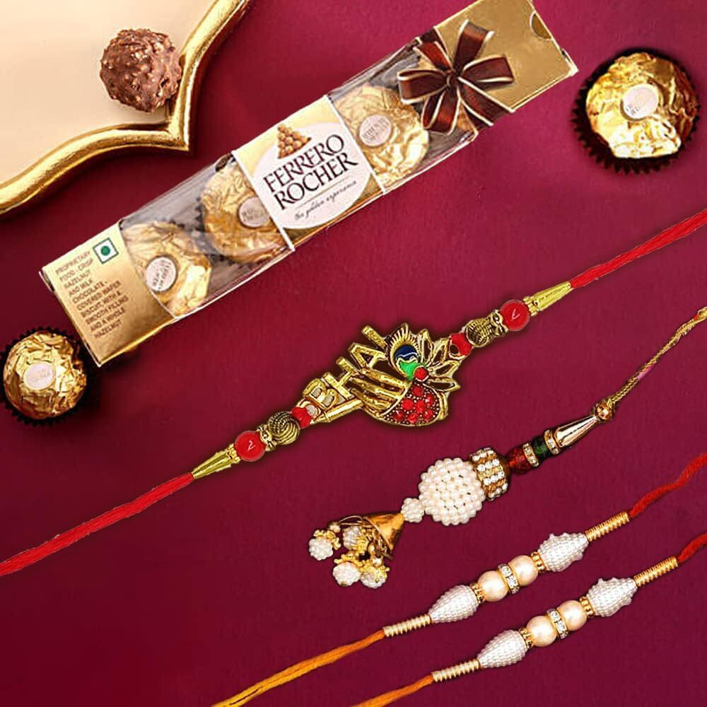 CraftVatika Rakhi Set of 4 for Brother and Bhabhi Kids with Chocolate Gift Hamper, Rakhi with Ferrero Rocher Chocolate, Krishna Lumba Pearl Rakhi for Bhai Kids Bhaiya,