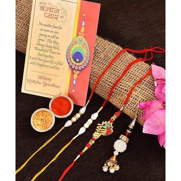 CraftVatika Rakhi Set of 4 for Brother and Bhabhi Kids with Chocolate Gift Hamper, Rakhi with Ferrero Rocher Chocolate, Krishna Lumba Pearl Rakhi for Bhai Kids Bhaiya,