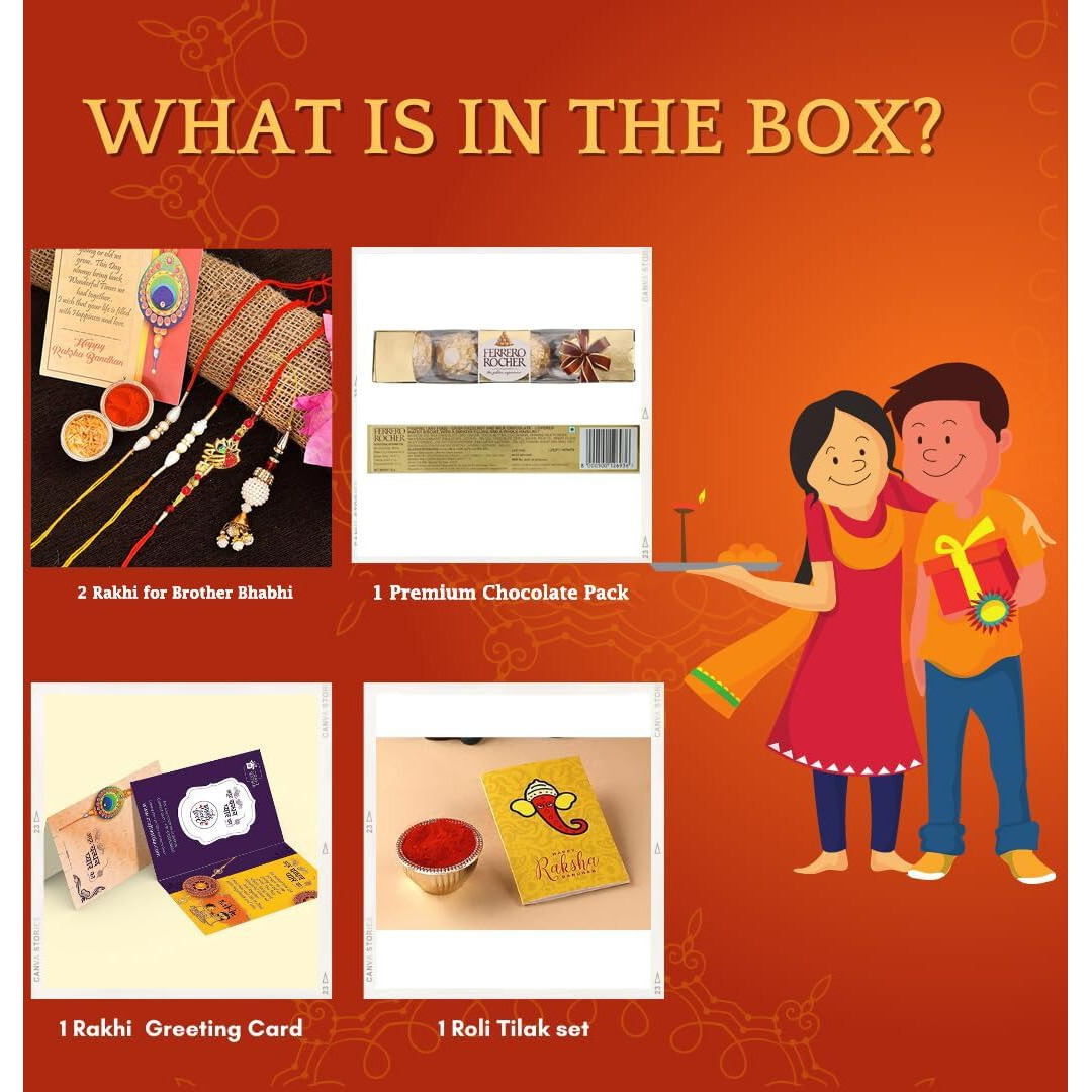 CraftVatika Rakhi Set of 4 for Brother and Bhabhi Kids with Chocolate Gift Hamper, Rakhi with Ferrero Rocher Chocolate, Krishna Lumba Pearl Rakhi for Bhai Kids Bhaiya,