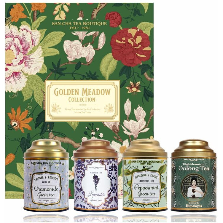 Sancha Tea Boutique, Golden Meadow Collection, Tea Gift Box, Chamomile Tea, Lavender Tea, Peppermint Tea & Oolong Tea, Finest Tea Selection, Tea Assortment Box