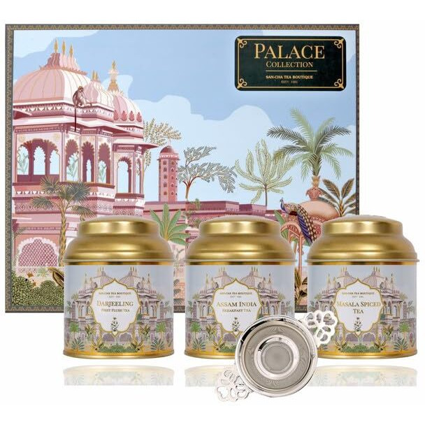 SAN-CHA Tea Gift Box, Palace Collection, Tea Hamper With 3 Flavored Teas & A Tea Infuser, Assam India Breakfast Tea, Darjeeling First Flush Tea, 150Gms, Loose Leaves