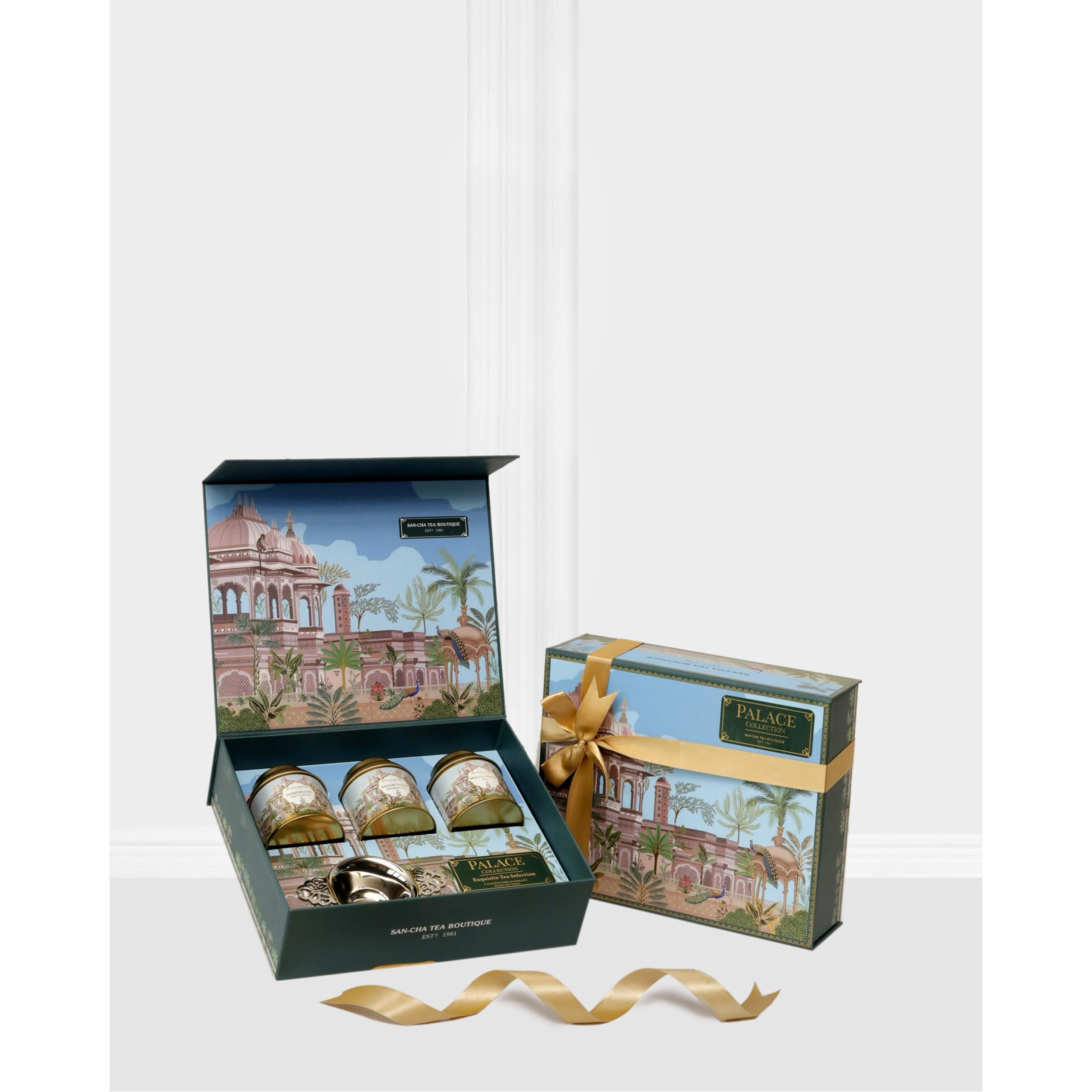 SAN-CHA Tea Gift Box, Palace Collection, Tea Hamper With 3 Flavored Teas & A Tea Infuser, Assam India Breakfast Tea, Darjeeling First Flush Tea, 150Gms, Loose Leaves