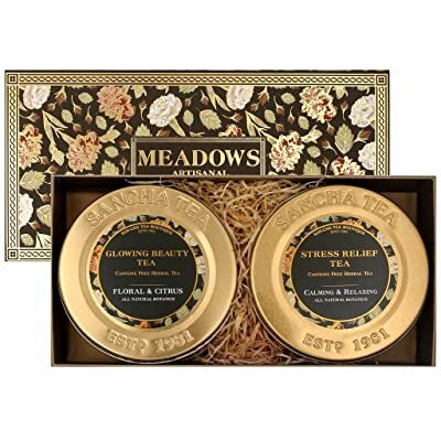 SAN-CHA Tea Boutique, Medows Collection Tea Gift Box, Caffeine Free Herbal Tea, 50 Gram Glowing Beauty Tea & Stress Relief Tea, Healthy Herbal Tisanes For Good Skin & Stress Relief
