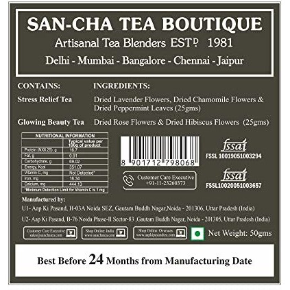 SAN-CHA Tea Boutique, Medows Collection Tea Gift Box, Caffeine Free Herbal Tea, 50 Gram Glowing Beauty Tea & Stress Relief Tea, Healthy Herbal Tisanes For Good Skin & Stress Relief