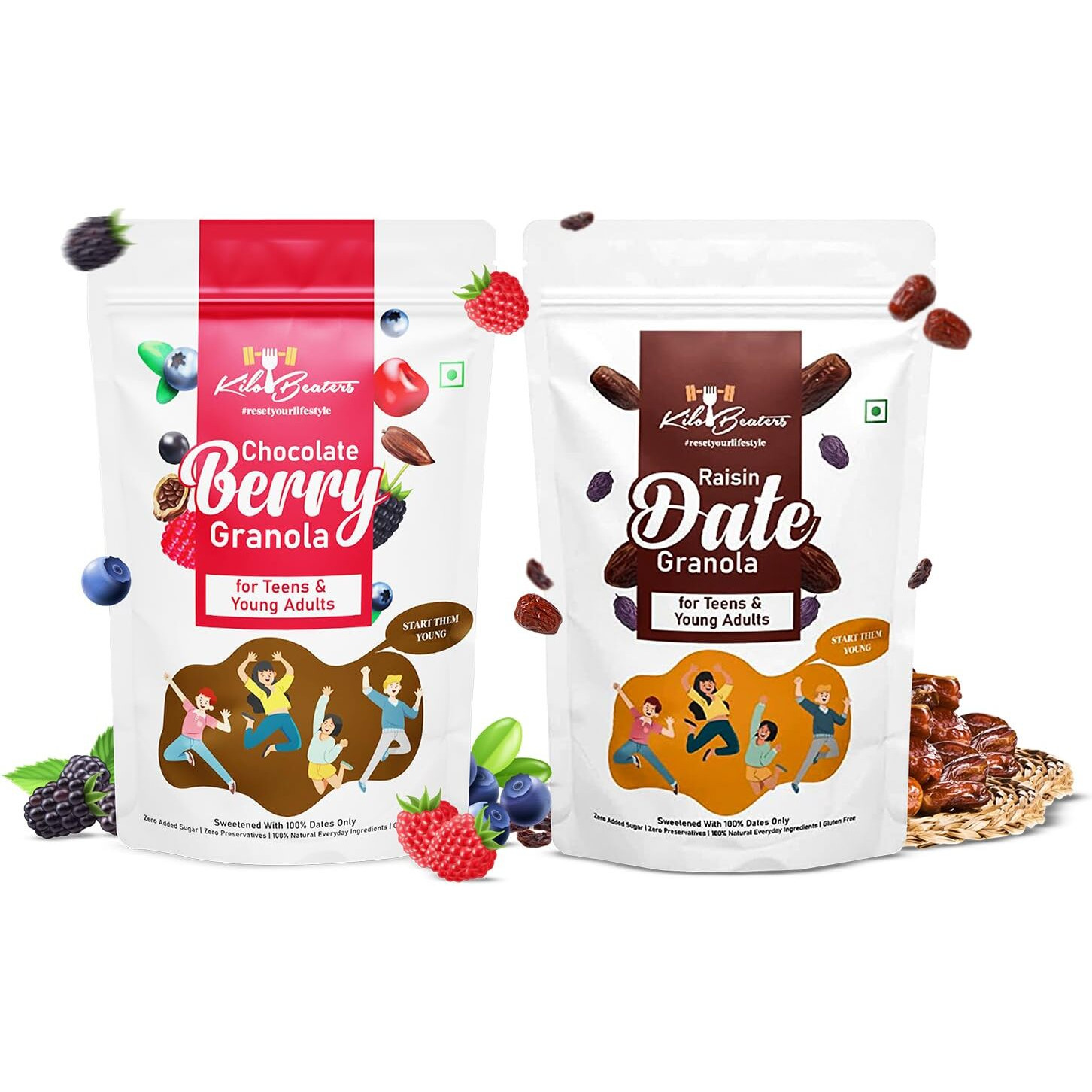 KILOBEATERS Raisin Date And Chocolate Berry Granola For Teens & Young Adults Sweetened With 100% Dates, Zero Added Sugar & Gluten Free - (600 g) Each Combo Pack of 2