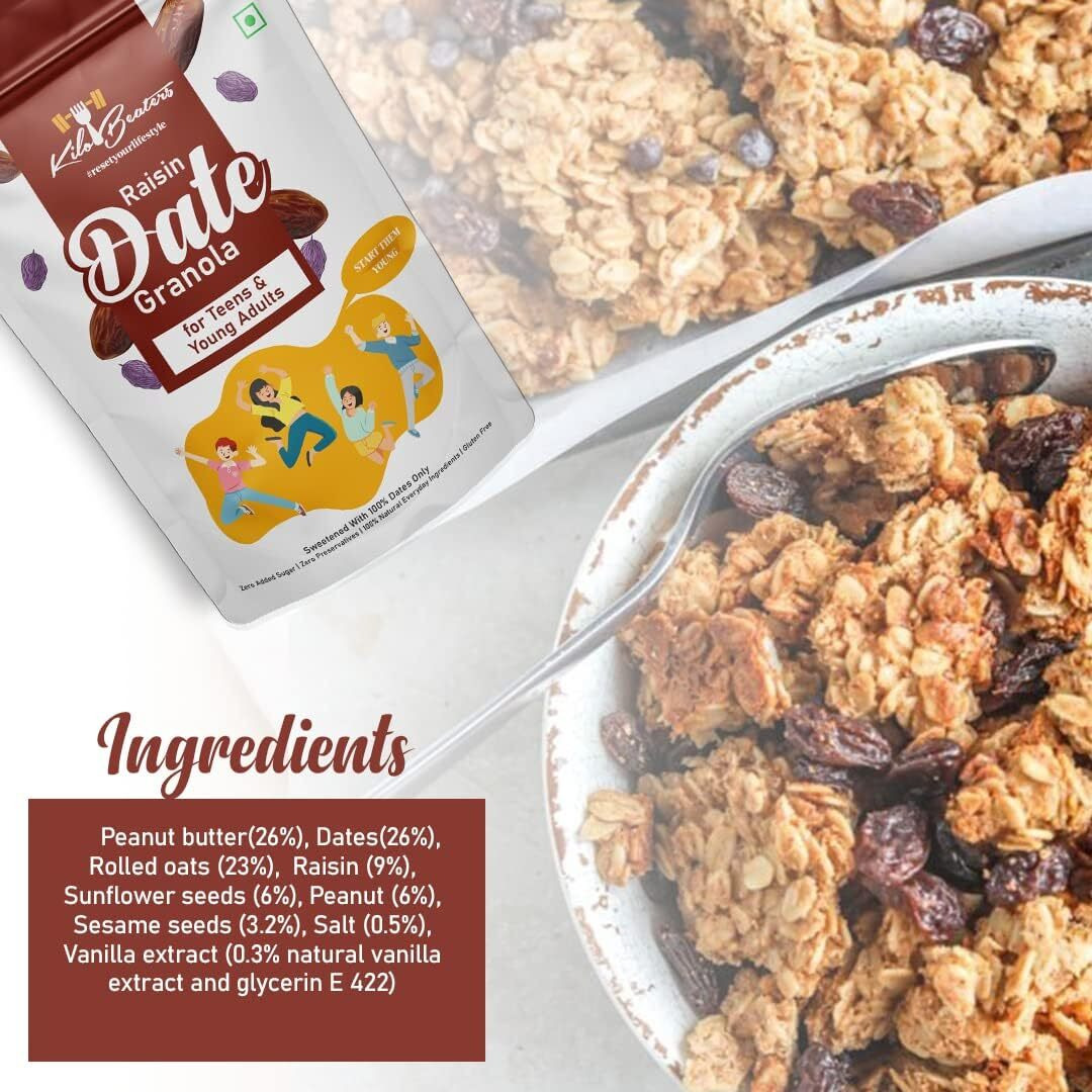 KILOBEATERS Raisin Date And Chocolate Berry Granola For Teens & Young Adults Sweetened With 100% Dates, Zero Added Sugar & Gluten Free - (600 g) Each Combo Pack of 2