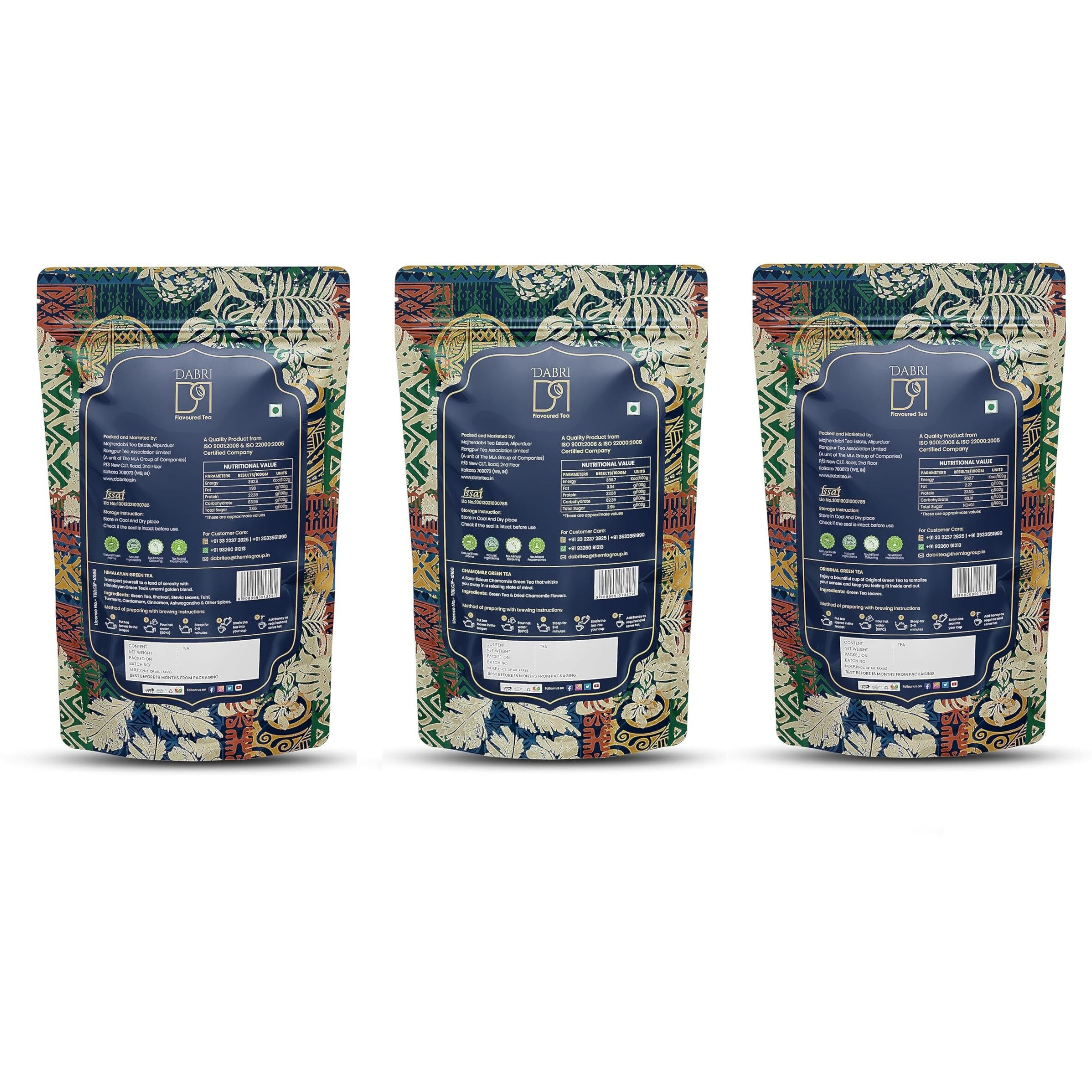 DABRI Green Tea Combo Pouch - (1 X Himalayan Green Tea, 1 X Chamomile Green Tea, 1 X Original Green Tea - Combo of 3, Pouch of 100gm Each)