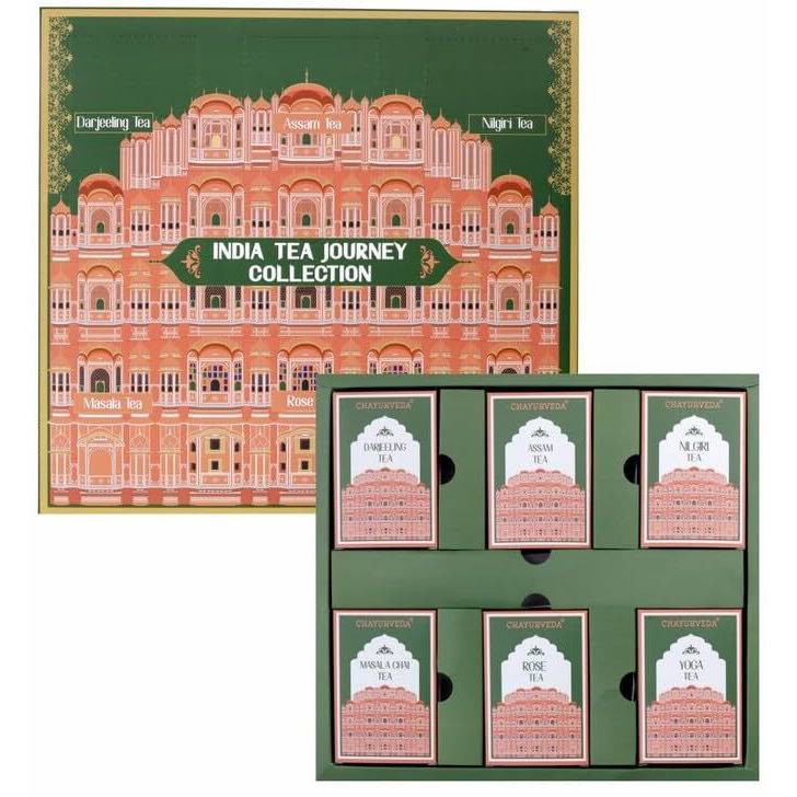 Sancha Tea Boutique, India Tea Journey Collection, Tea Gift Box, 6 Assorted Tea Hamper (Darjeeling Tea, Assam Tea, Nilgiri & Masala Chai, Rose Tea & Tulsi Tea) 150gm Loose Leaf Tea