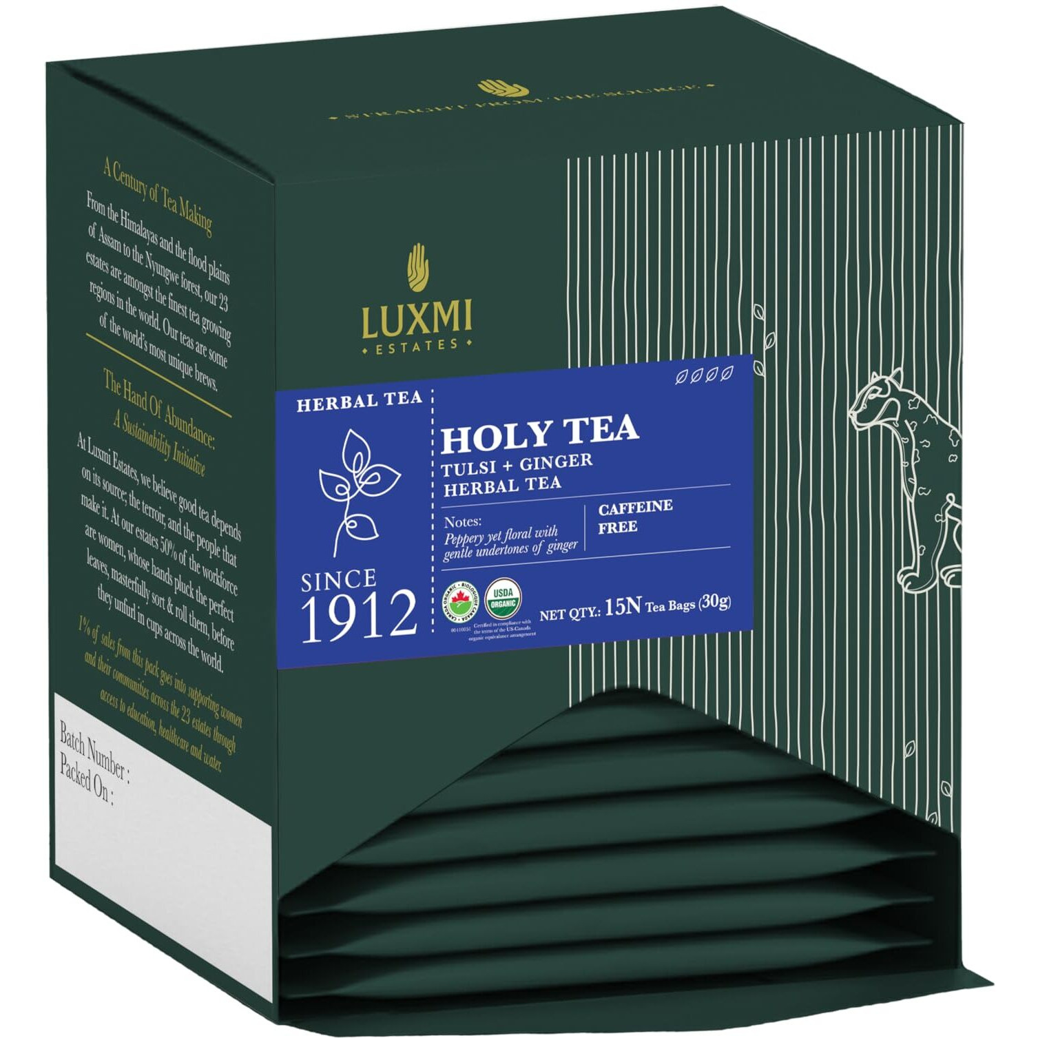 Luxmi Estates Holy Tea 15 Tea Bags (30g) Pack | Certified Organic Tulsi Tea | Decaffeinated | Immunity Booster | Digestion | Herbal Calming Tea