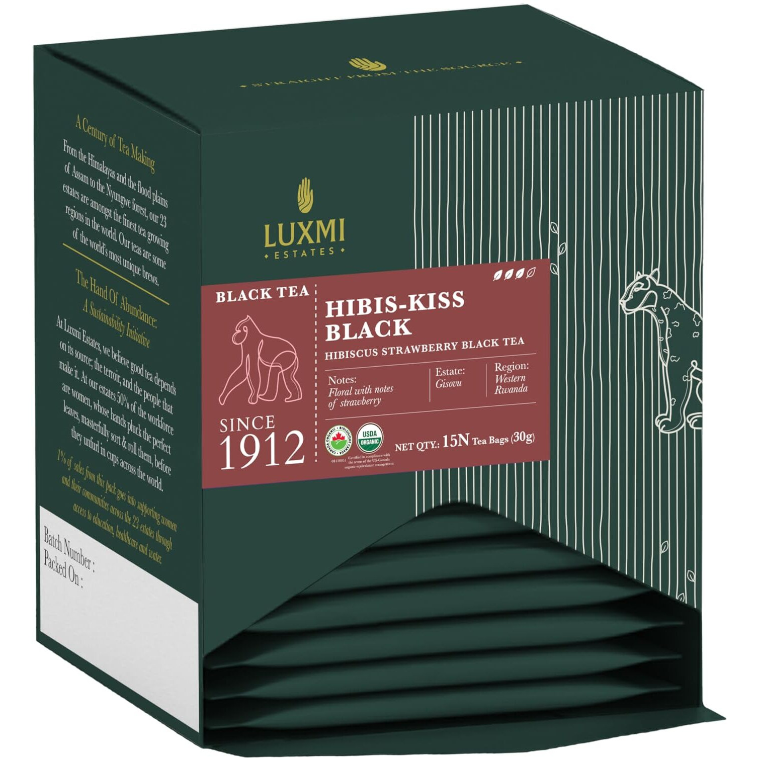 LUXMI Estates Hibis-Kiss Black Tea 15 Teas Bags (30 Gram) Pack | Certified Organic Black Tea | 100% Natural | Hibiscus Strawberry | Lowering Blood Pressure | Brain Health Supporter