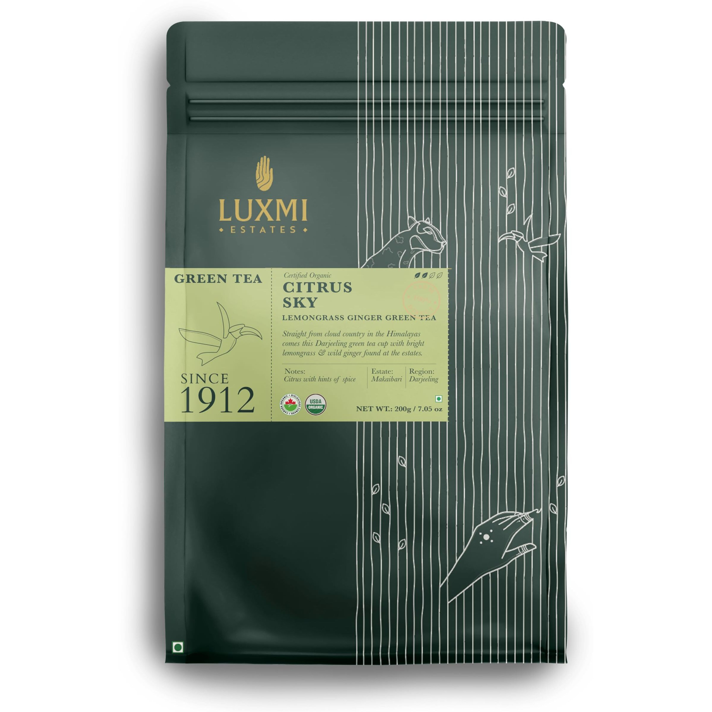 Luxmi Estates Citrus Sky Lemongrass Ginger Green Tea - 200gm Loose Leaf | Certified Organic Darjeeling Green Tea | Natural Lemon Balm Tea - Calming, Supports Digestion | Lemon Grass Leaves