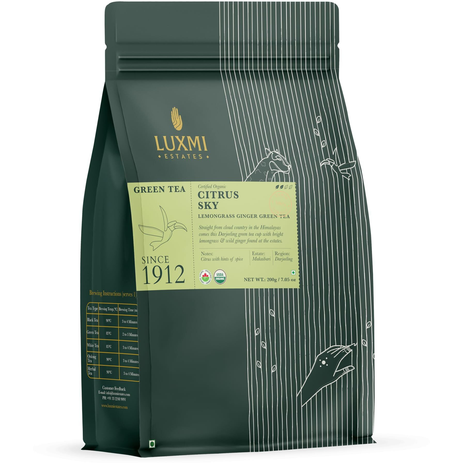 Luxmi Estates Citrus Sky Lemongrass Ginger Green Tea - 200gm Loose Leaf | Certified Organic Darjeeling Green Tea | Natural Lemon Balm Tea - Calming, Supports Digestion | Lemon Grass Leaves