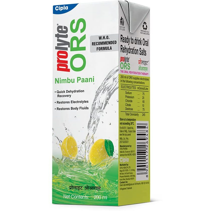 Cipla Prolyte Ors Ready To Drink Oral Rehydration Contains Vital Electrolytes Vegetarian|Restores Body Lost Due To Sweating,Diarrhea&Vomiting|Who Formula (Nimbu Paani,Pack Of 10), Lemon