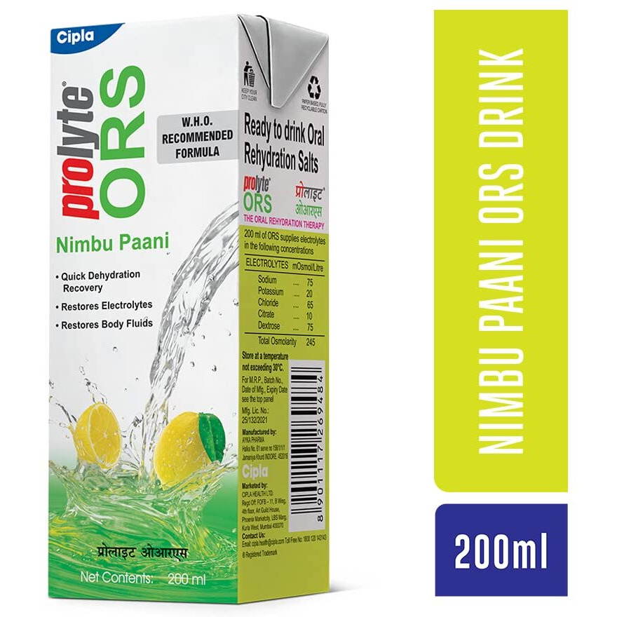 Cipla Prolyte Ors Ready To Drink Oral Rehydration Contains Vital Electrolytes Vegetarian|Restores Body Lost Due To Sweating,Diarrhea&Vomiting|Who Formula (Nimbu Paani,Pack Of 10), Lemon