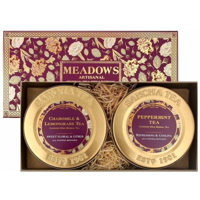 SAN-CHA Tea Boutique, Meadows Collection Tea Gift Box, Caffeine Free Herbal Tea, 50 Gram Pure Peppermint Tea & Chamomile Tea, Healthy Herbal Tisanes For Sleep & Stress Relief
