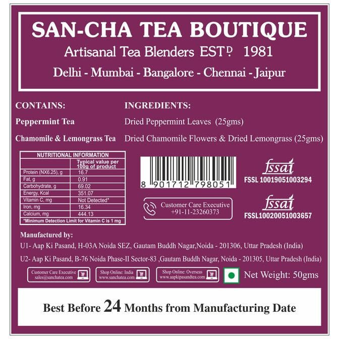 SAN-CHA Tea Boutique, Meadows Collection Tea Gift Box, Caffeine Free Herbal Tea, 50 Gram Pure Peppermint Tea & Chamomile Tea, Healthy Herbal Tisanes For Sleep & Stress Relief