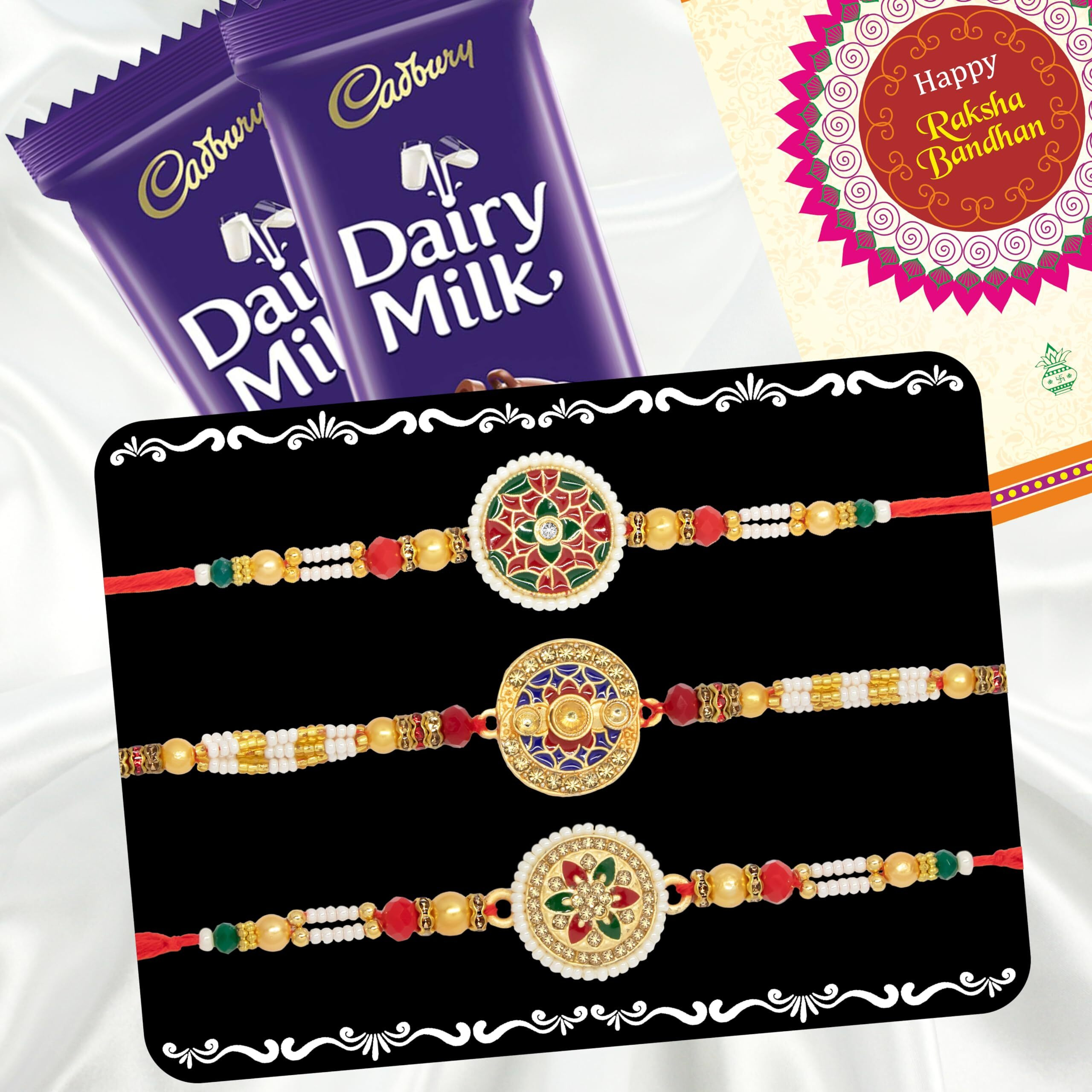 Canton Rakhi With Chocolate Gift Combo, Pack of 3 Designer Rakhi For Brother With Chocolate Gift, Roli & Greeting Card (Design-16, Rakhi With Cadbury)