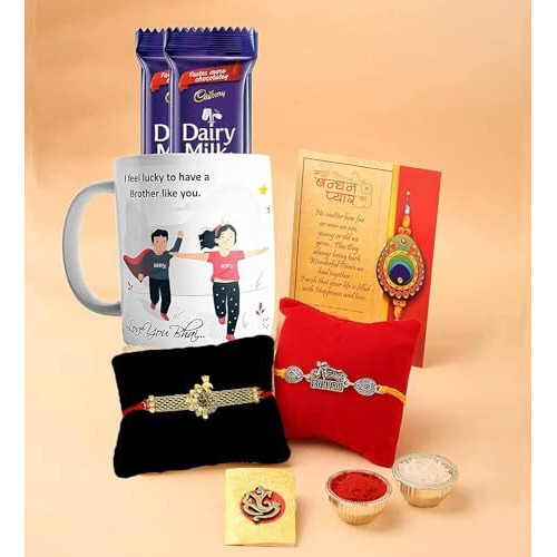 CraftVatika Rakhi Chocolate Combo Gift For Brother, Chocolate with Mug Combo, Lucky Bro Printed Coffee Mug with Biker Bhai Rakhi, Peacock Rakhi with Greeting Card, Tilakk Set, Cadbury Chocolate
