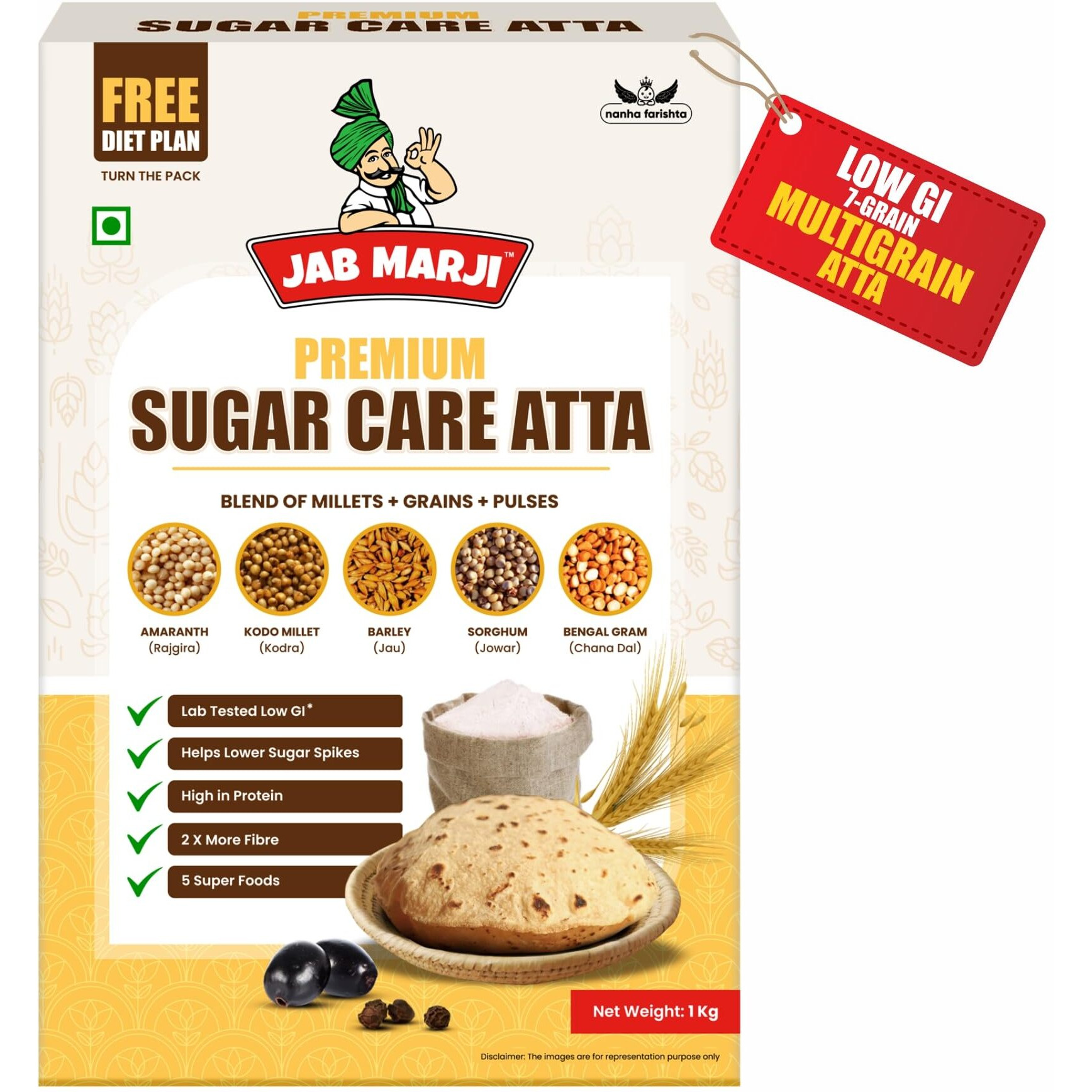 Jab Marji Sugar Care Atta For Diabetes (1 Kg) | Easy To Digest | No False Promises | Clinically Certified Low GI Flour | Traditional Millets- 80% | Wheat- Only 20% | Rich in Iron, Calcium, Protein & Fibre | With Jowar, Barley, Chana Dal, Amaranth, Kodo Millet | Sugar Control Multigrain Atta For Entire Family | Pack of 1 kg