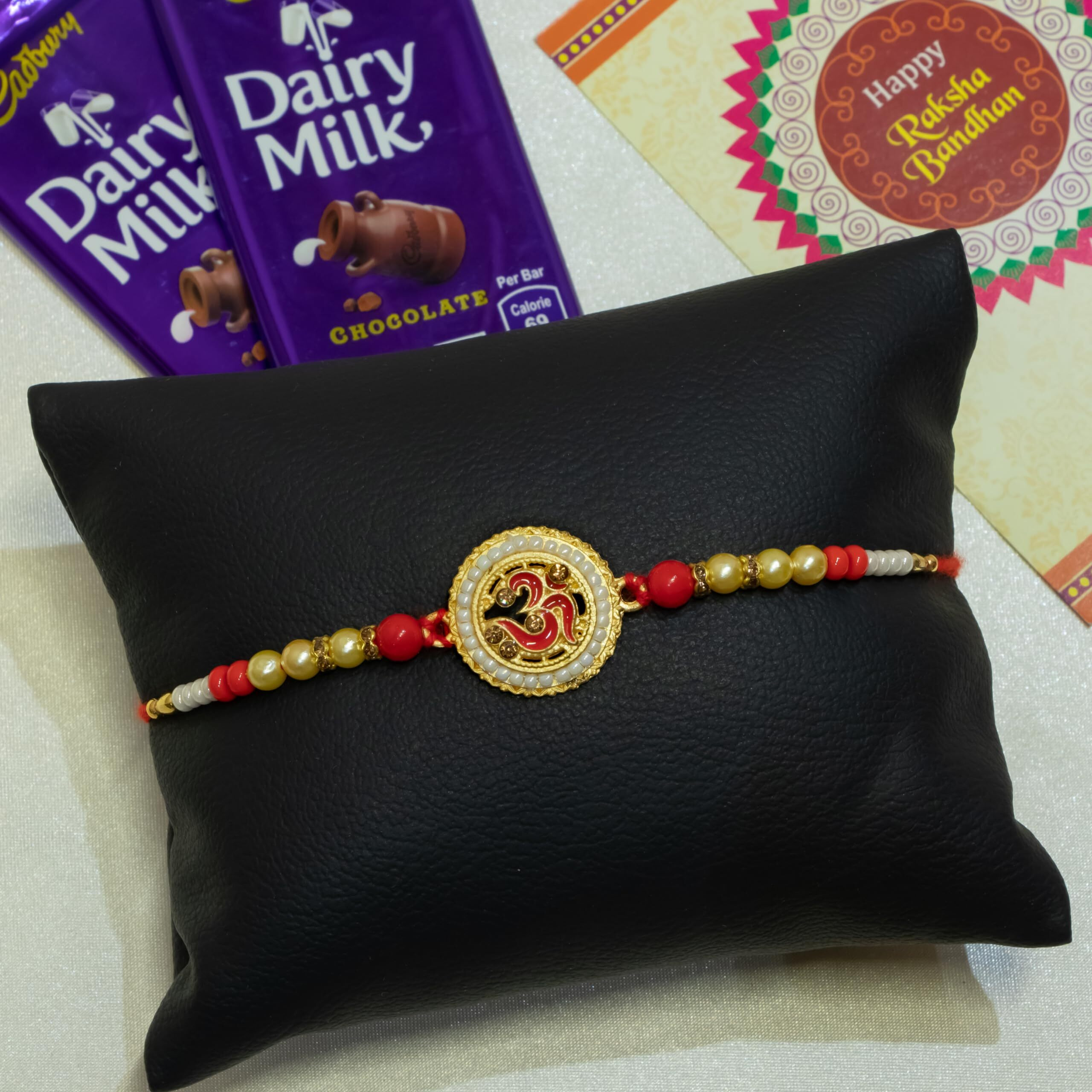 Canton Pack of 1 Rakhi for Brother with Chocolate Gift Hamper, Designer Rakhi with Roli Chawal, Dairy Milk & Greeting Card (Design-20)