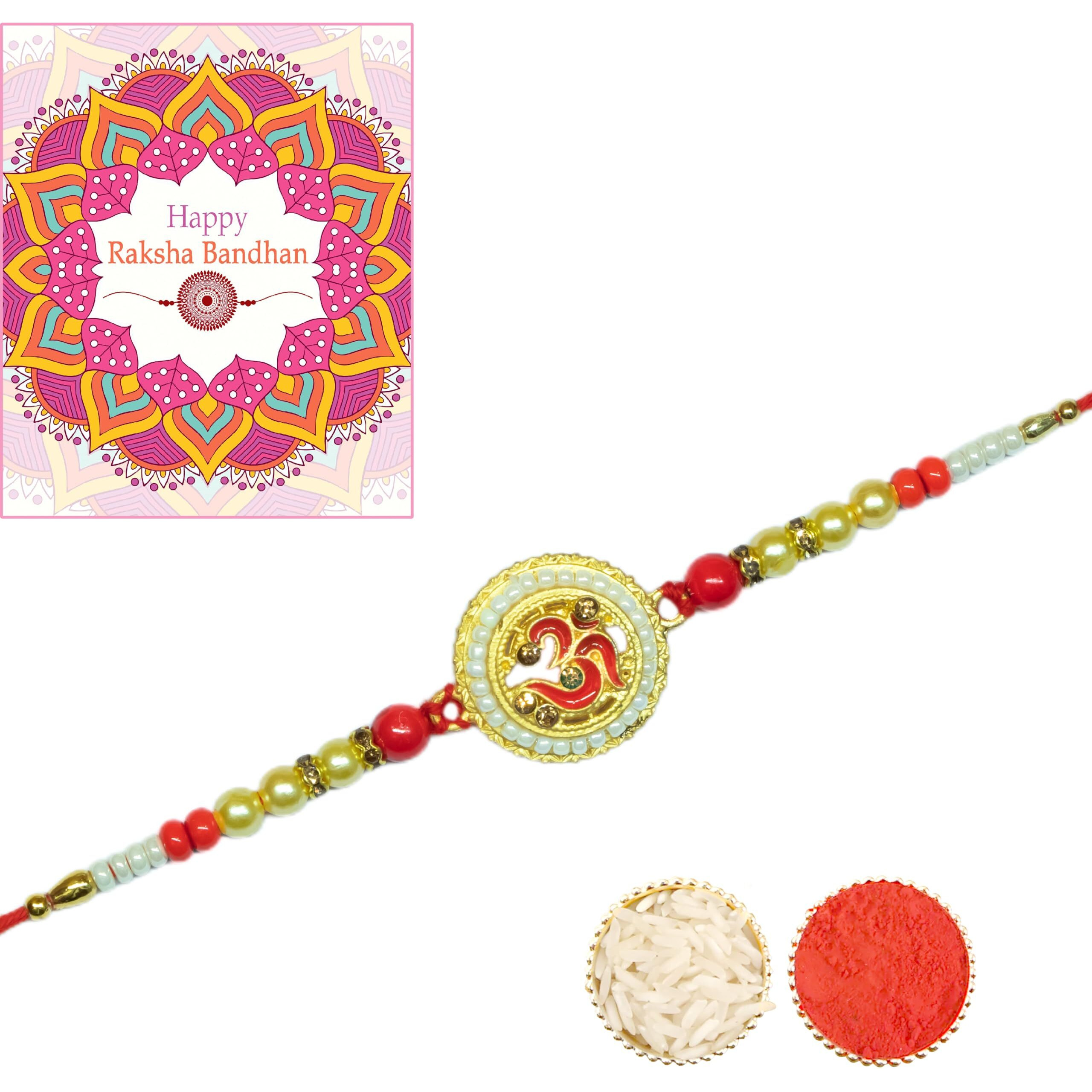 Canton Pack of 1 Rakhi for Brother with Chocolate Gift Hamper, Designer Rakhi with Roli Chawal, Dairy Milk & Greeting Card (Design-20)