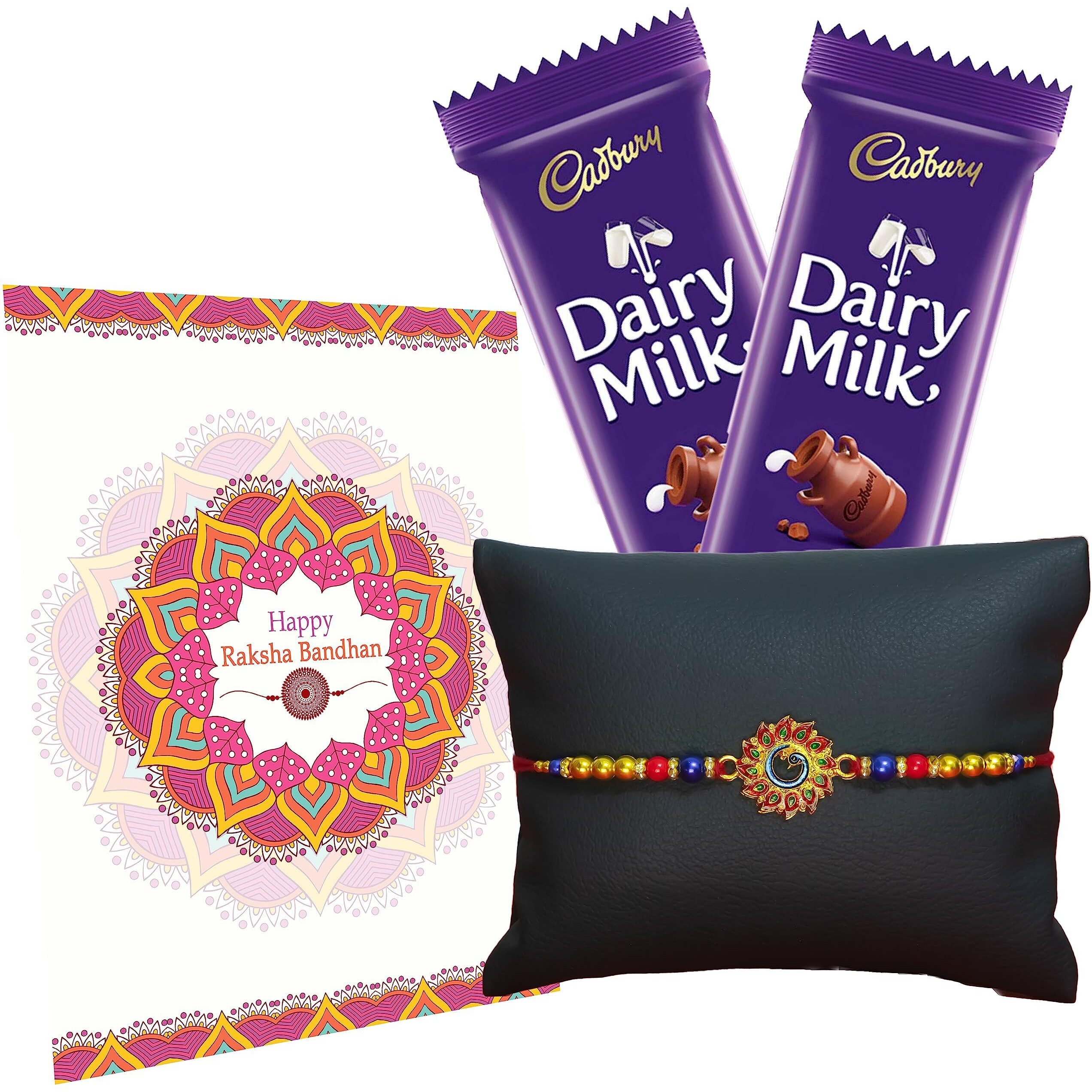 Canton Pack of 1 Rakhi for Brother with Chocolate Gift Hamper, Designer Rakhi with Roli Chawal, Dairy Milk & Greeting Card (Design-16)