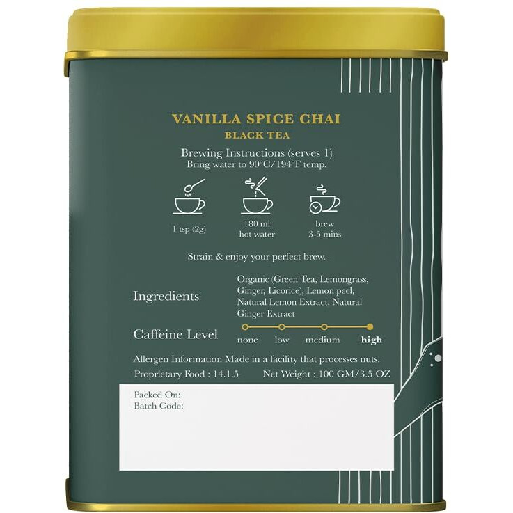 LUXMI Estates Vanilla Spice Chai 100Gm Loose Leaf Tin | Certified Organic Black Tea Leaf | Smooth, Flavorful, Robust, Caffeinated | Darjeeling & Assam Tea From India, 100 grams