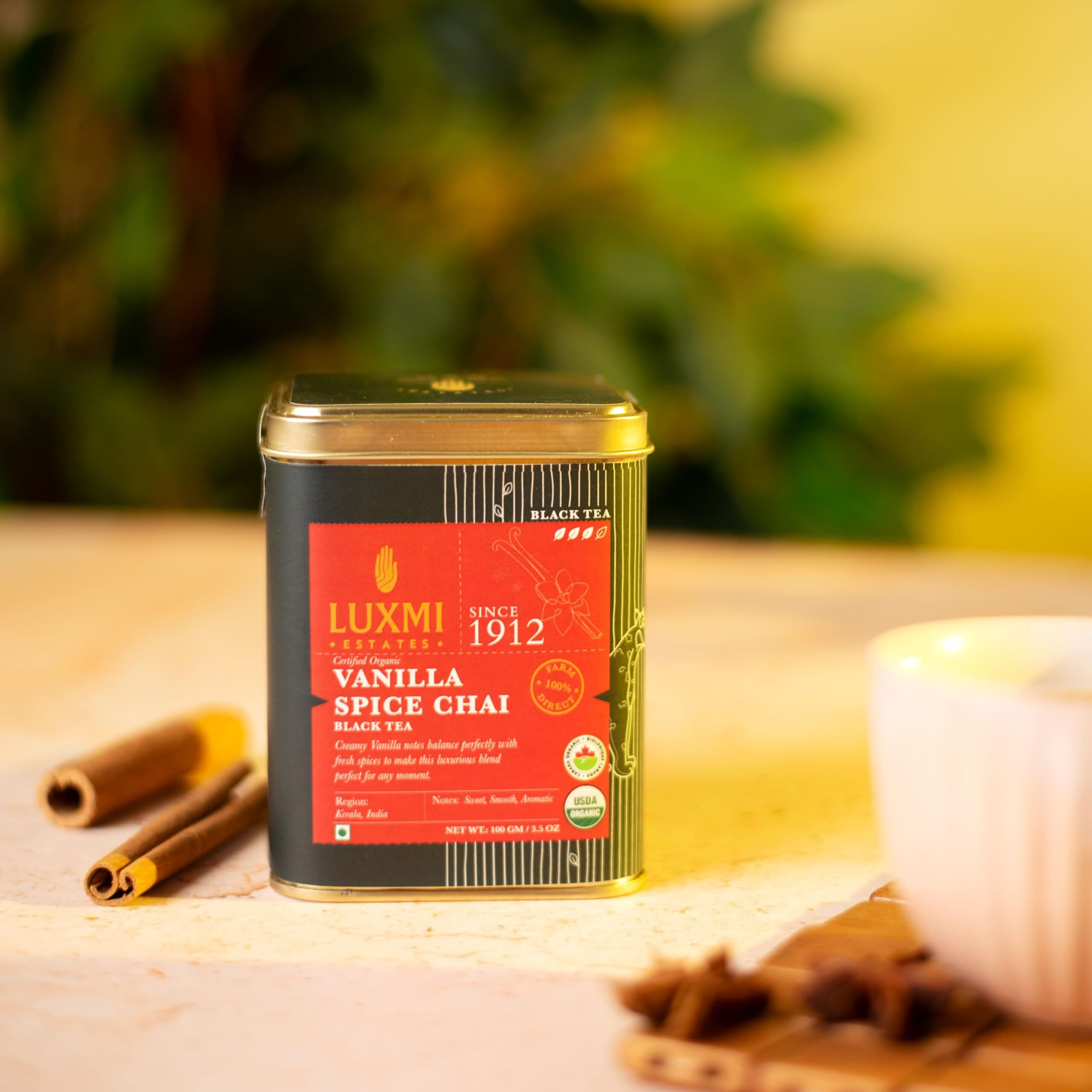 LUXMI Estates Vanilla Spice Chai 100Gm Loose Leaf Tin | Certified Organic Black Tea Leaf | Smooth, Flavorful, Robust, Caffeinated | Darjeeling & Assam Tea From India, 100 grams