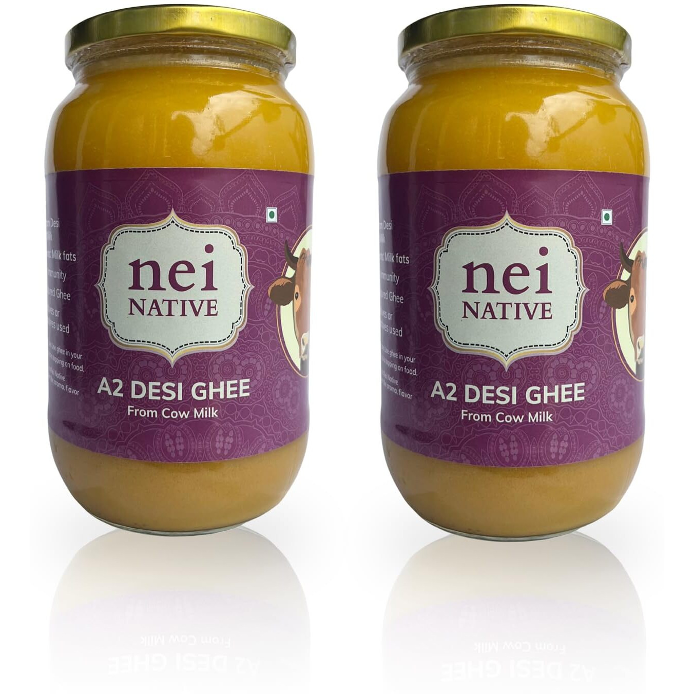 NeiNative A2 Ghee Bilona Method Ghee- A2 Cow Desi Ghee - A2 Cow Ghee Pure Cultured Desi Cow Ghee- Pure Ghee-Glass Bottle Bilona Ghee - Better Digestion and Immunity (1000 ML (Pack of 2))