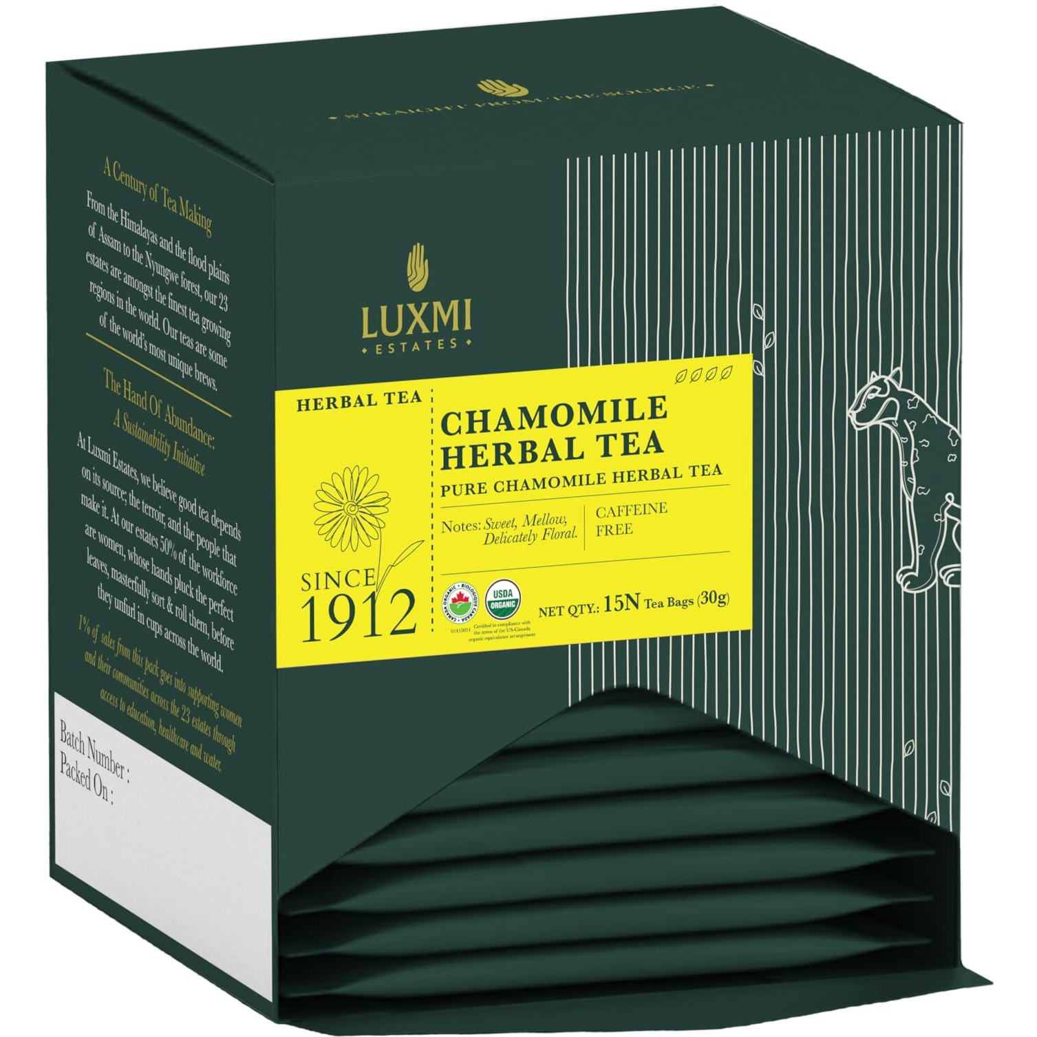 LUXMI Estates Chamomile Herbal Tea 15 Tea Bags (30 Gram) Loose Tea | Herbal Tea | Caffeine-Free | Single Ingredient | 15 Cups Bulk Pack | Organic | Natural