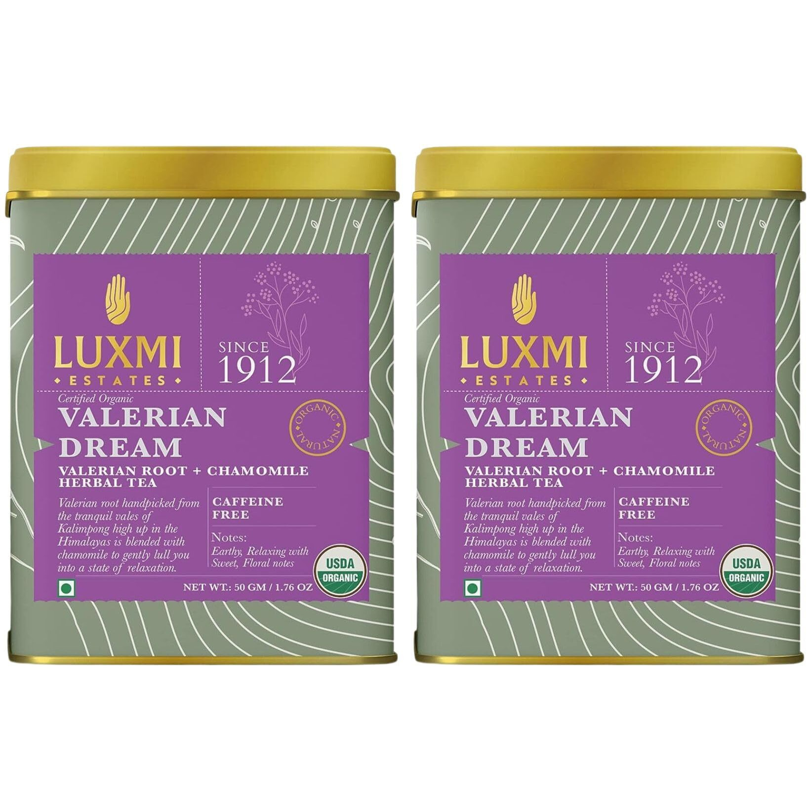 Luxmi Estates Valerian Dream Night Time Herbal Loose Leaf Tea 50g Pack (Pack of 2) | with Chamomile, Lavender & Valerian Root | USDA Organic, Non-GMO, Caffeine Free | Wellness Sleep Tea | 25 Cups