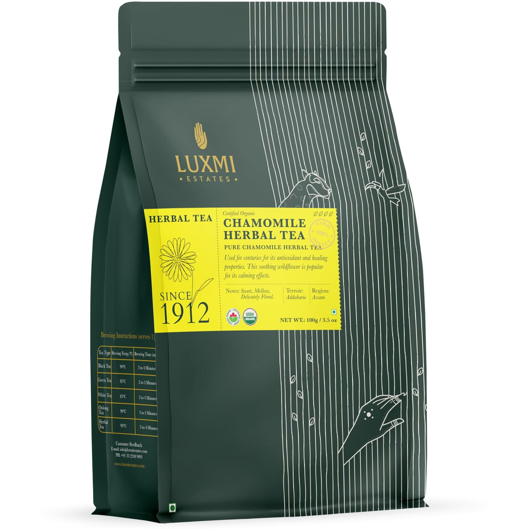 LUXMI Estates Pure Chamomile Herbal Tea | 100 Gram Loose Tea | Soothing And Relaxing Herbal Tea | Caffeine-Free | Usda Organic Certified