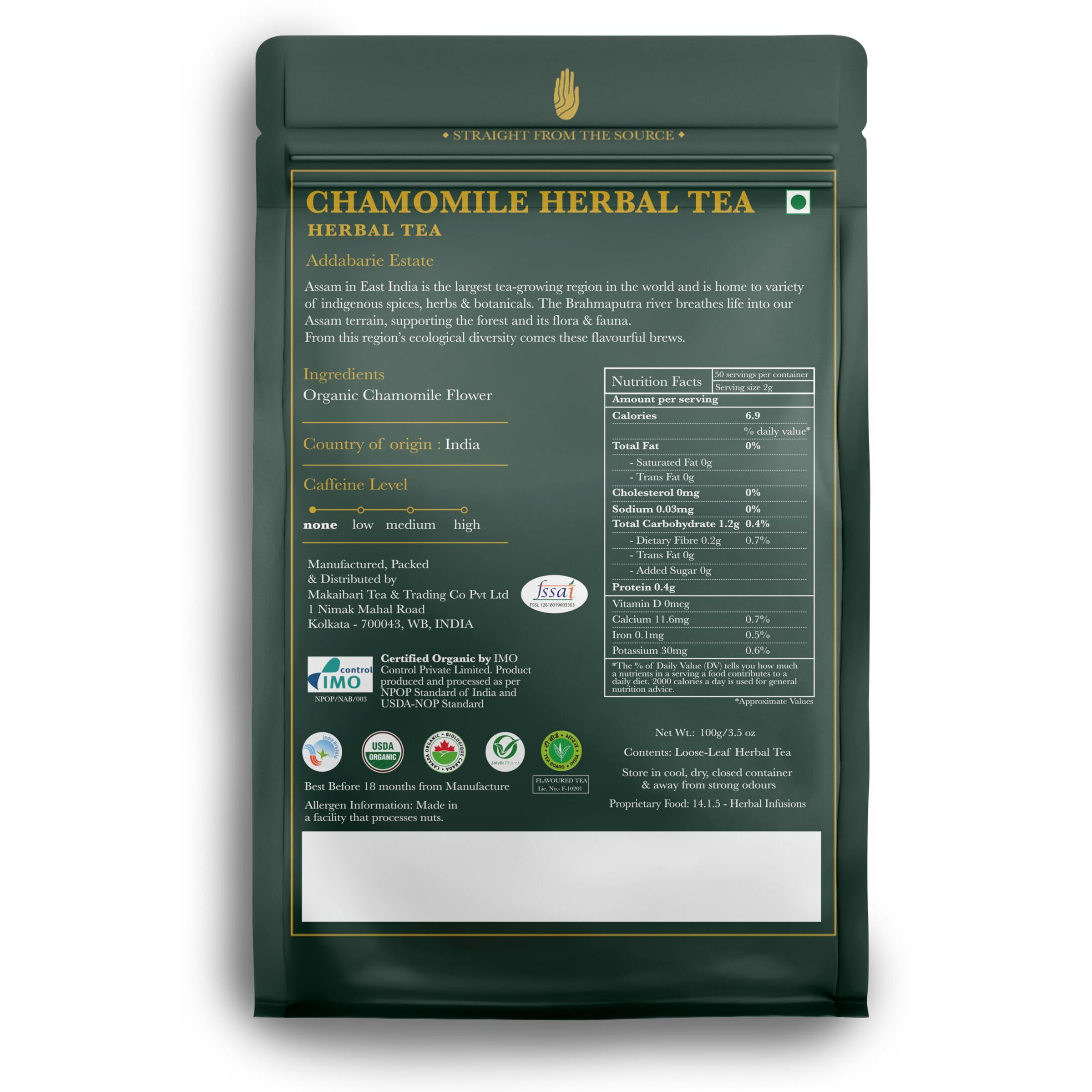 LUXMI Estates Pure Chamomile Herbal Tea | 100 Gram Loose Tea | Soothing And Relaxing Herbal Tea | Caffeine-Free | Usda Organic Certified