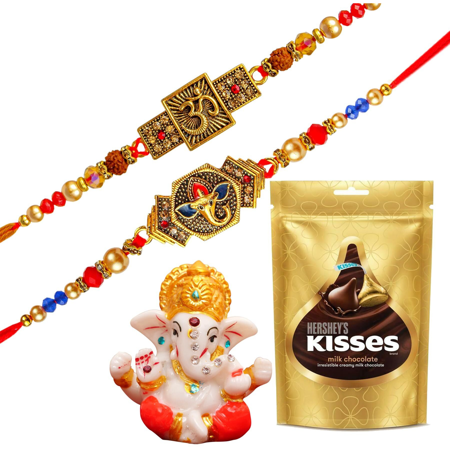 TIED RIBBONS Rakhi Gift for Brother with Chocolate - Set of 2 Designer Rudraksh Rakhi for Brother Bhaiya with Hersheys Kisses Chocolates Pack and Mini Ganesh Idol