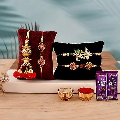 Rakhi for Brother Bhabhi Kids with Chocolate Gifts Combo Set, Cadbury Rakshabandhan Rakhi for Bhaiya Bhabhi with Greeting Card, Set of 4 Rakhi