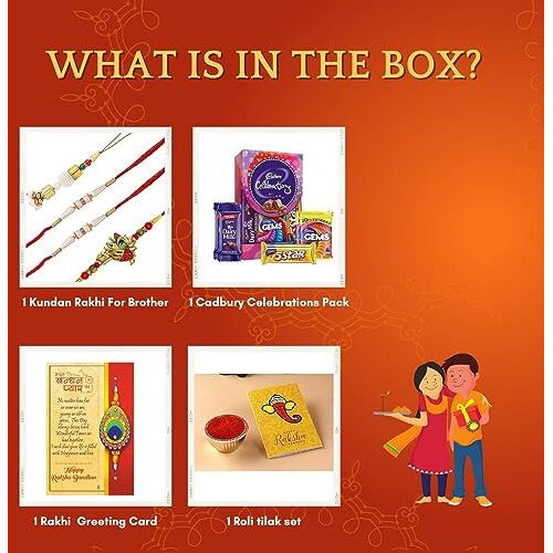 Rakhi Chocolate Gift Combo Set of 4 for Brother and Bhabhi Kids with Chocolate Gift Combo, Rakhi with Cadbury, Krishna Lumba Pearl Rakhi for Small Family on Rakshabandhan