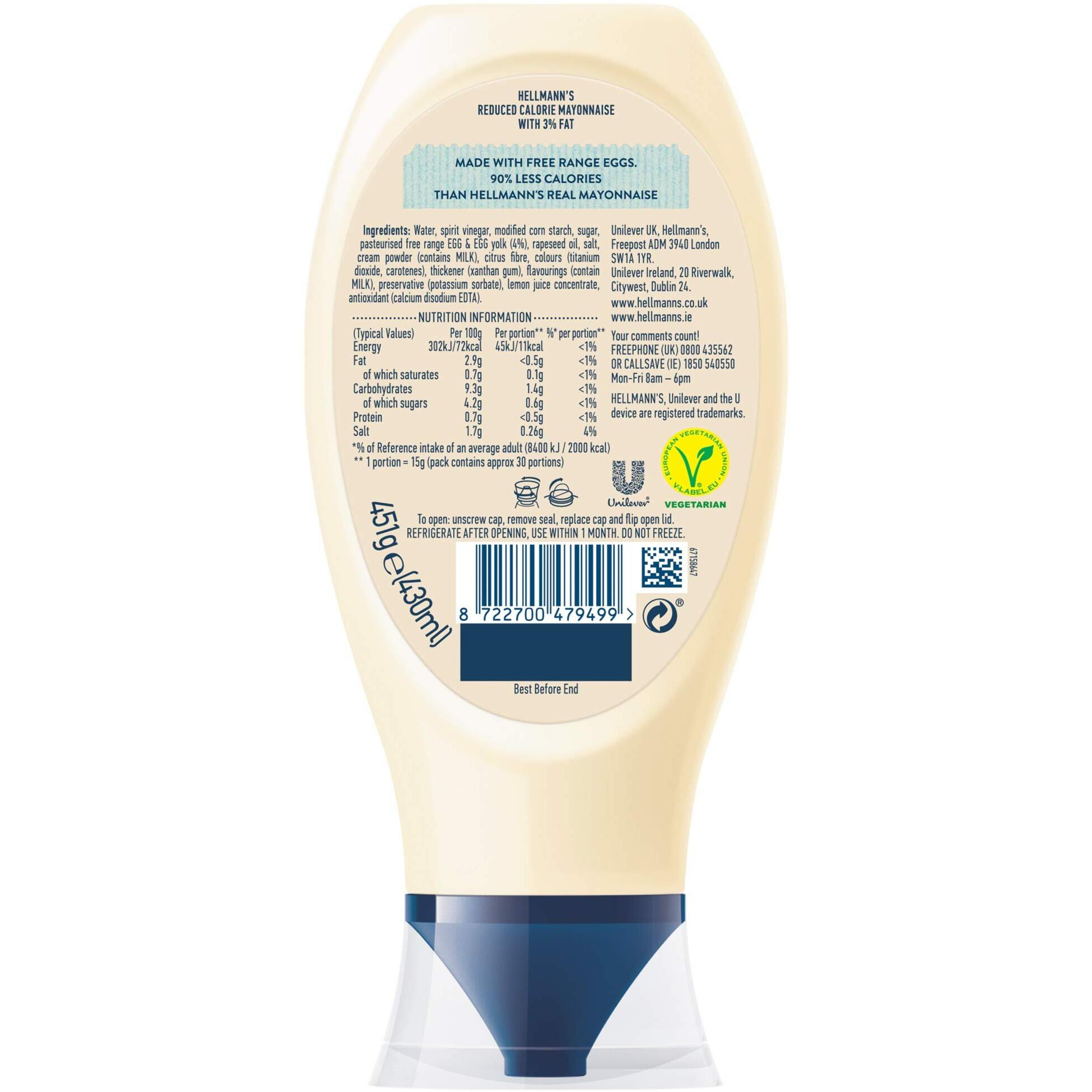 Hellmanns Lighter Than Light Mayonnaise Squeeze Bottle, 430ml