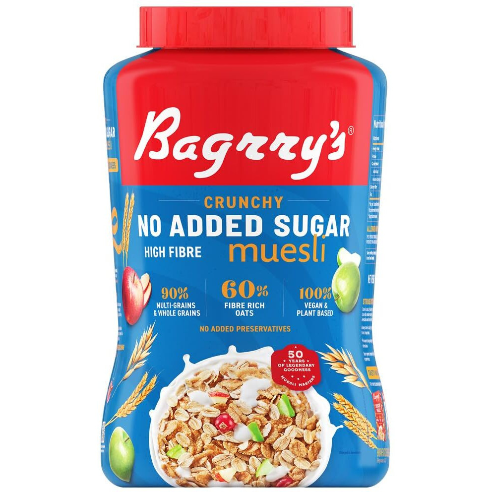 Bagrrys No Added Sugar Muesli 1kg| Diet Friendly Muesli with No Added Sugar, Vegan & Plant Based Muesli| 90% Multi Grains, 60% Fibre Rich Oats with Bran | Whole Grain Breakfast Cereal | Helps Manage Weight | Vegan and Plant Based Muesli