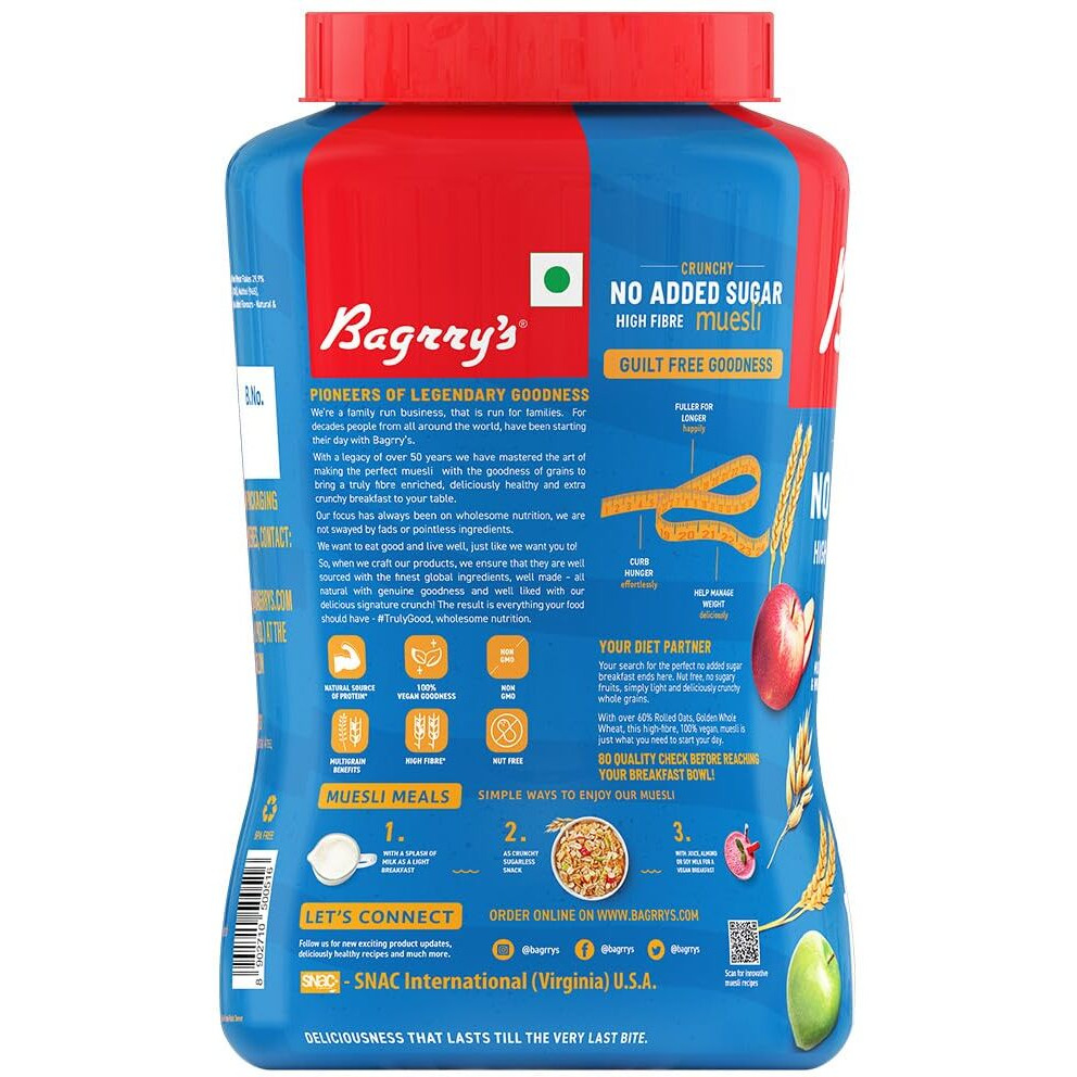 Bagrrys No Added Sugar Muesli 1kg| Diet Friendly Muesli with No Added Sugar, Vegan & Plant Based Muesli| 90% Multi Grains, 60% Fibre Rich Oats with Bran | Whole Grain Breakfast Cereal | Helps Manage Weight | Vegan and Plant Based Muesli