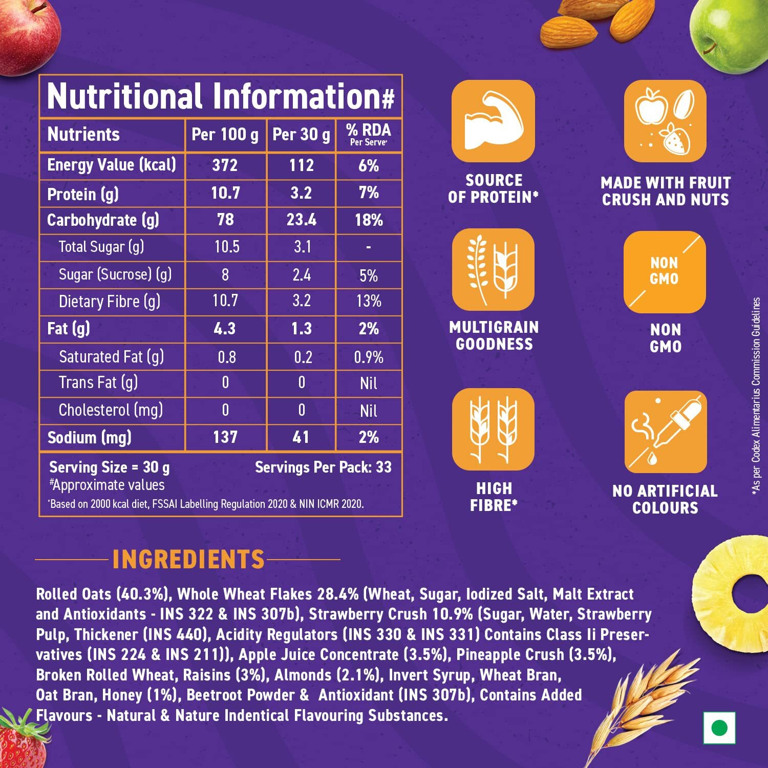 Bagrrys Fruit N Fibre Muesli, Mixed Fruit, 1000g