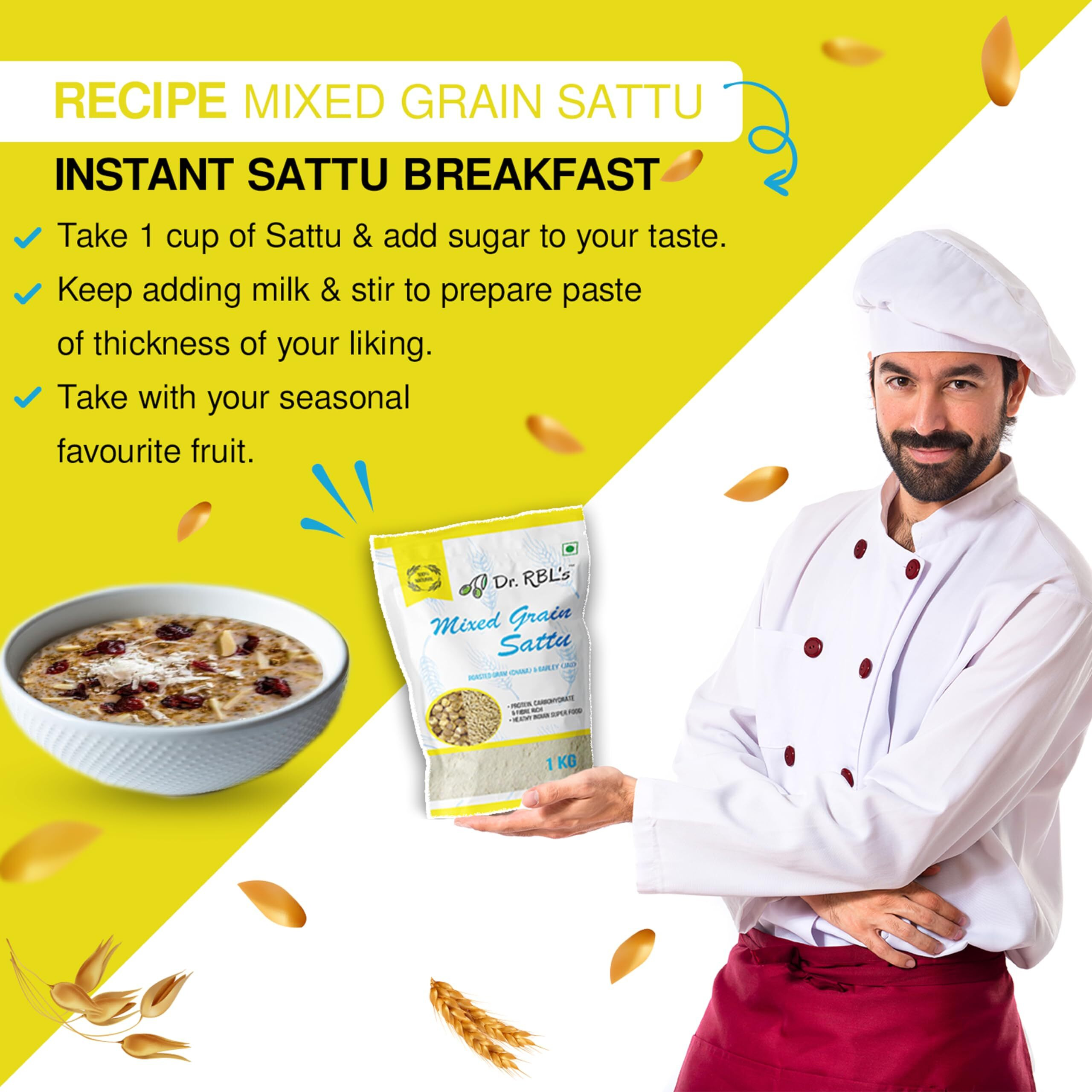Dr. RBLs Sattu Powder | Mixed Grain Sattu Atta - Chana Sattu with Jau | Instant Sattu Drink 100% Natural & Fresh | Fibre - Rich High Protein Sattu Chana Flour | 1Kg Pack