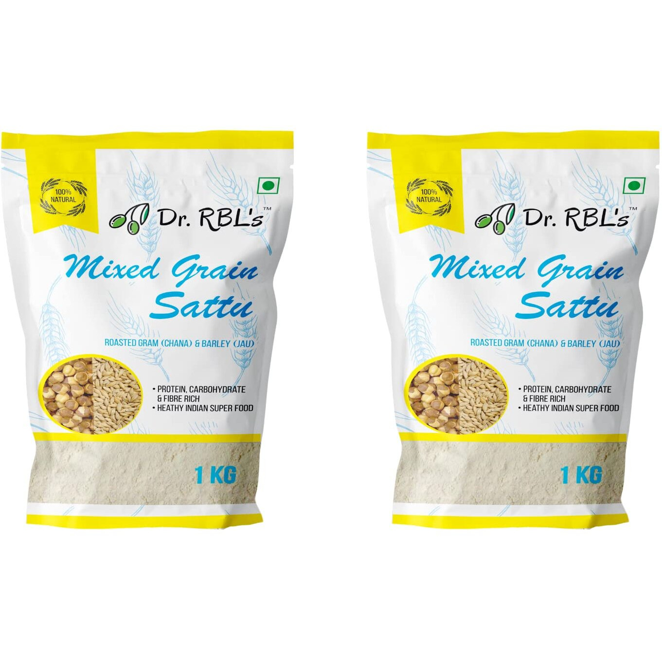 Dr. RBLs Sattu Powder | Mixed Grain Sattu Atta - Chana Sattu with Jau| Instant Sattu Drink 100% Natural & Fresh | Fibre - Rich High Protein Sattu Chana Flour | 2Kg Pack of Two (1Kg X 2)