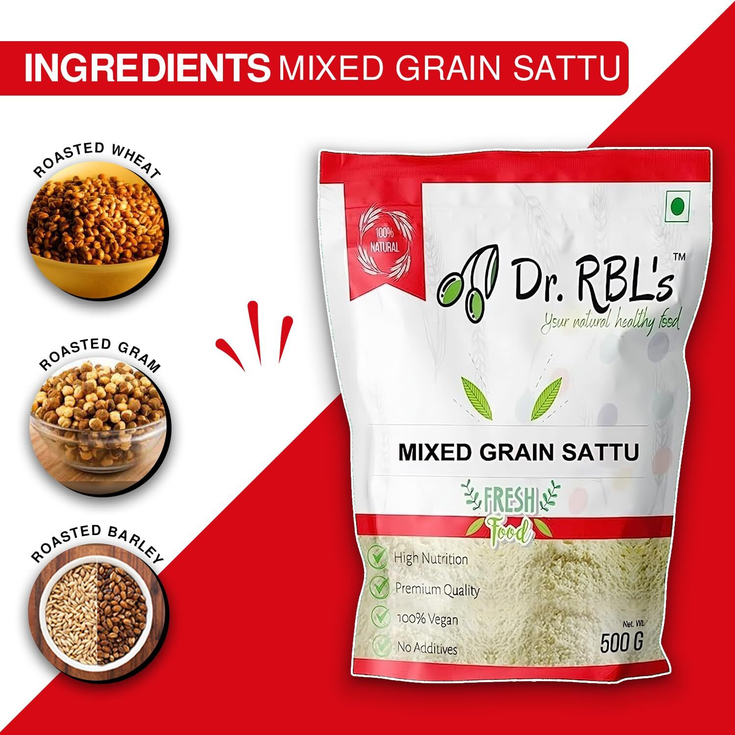 Dr. RBLs Sattu Powder | Mixed Grain Sattu Atta - Chana Sattu with Jau | Instant Sattu Drink 100% Natural & Fresh | Fibre - Rich High Protein Sattu Chana Flour (500 Grams)