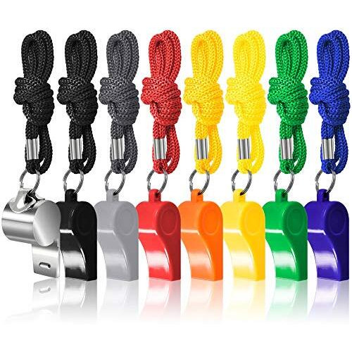 Tima 10 Packs Coaches Referee Whistles with Lanyards, 9 Colorful Plastic and 1 Stainless Steel Metal Whistle for Football Sports Lifeguards Survival Emergency Training (Multicolour)