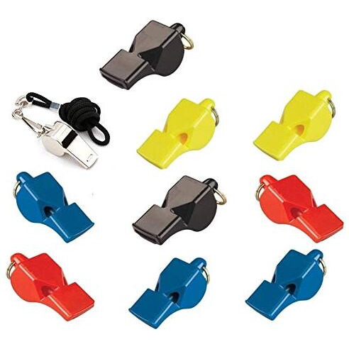 Tima 10 Packs Coaches Referee Whistles with Lanyards, 9 Colorful Plastic and 1 Stainless Steel Metal Whistle for Football Sports Lifeguards Survival Emergency Training (Multicolour)