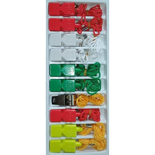 Tima 10 Packs Coaches Referee Whistles with Lanyards, 9 Colorful Plastic and 1 Stainless Steel Metal Whistle for Football Sports Lifeguards Survival Emergency Training (Multicolour)